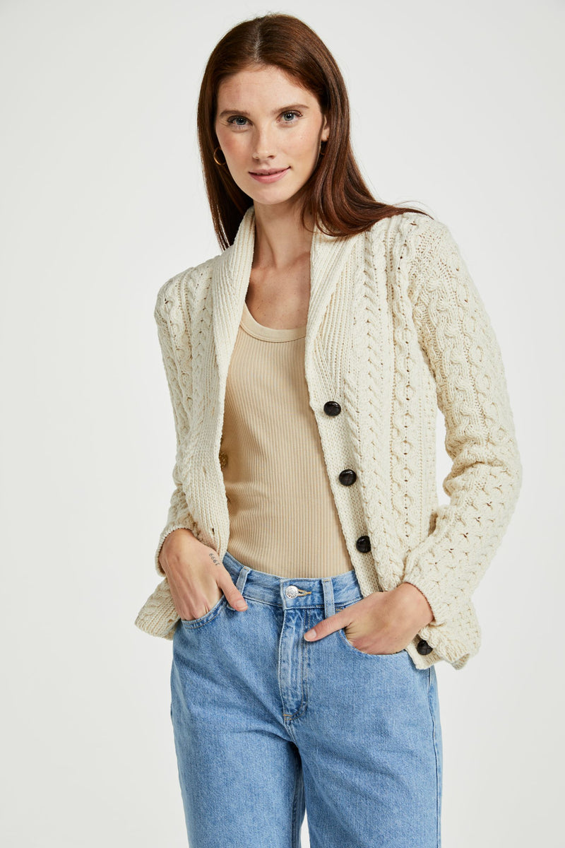 Ladies wool cardigan, merino wool, made in Ireland, knitwear, cable knit, V neck sweater, buttoned cardigan, aran wool, cream