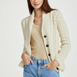 Tourmakeady Aran-Cardigan mit Schalkragen - Creme