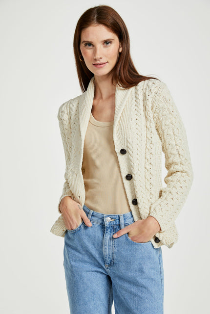 Ladies wool cardigan, merino wool, made in Ireland, knitwear, cable knit, V neck sweater, buttoned cardigan, aran wool, cream