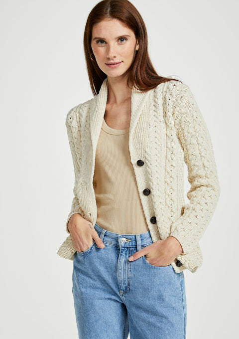 Ladies wool cardigan, merino wool, made in Ireland, knitwear, cable knit, V neck sweater, buttoned cardigan, aran wool, cream