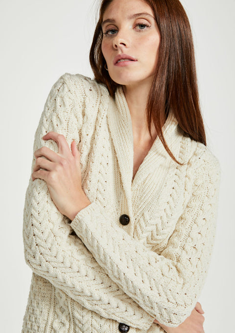 Ladies wool cardigan, merino wool, made in Ireland, knitwear, cable knit, V neck sweater, buttoned cardigan, aran wool, cream