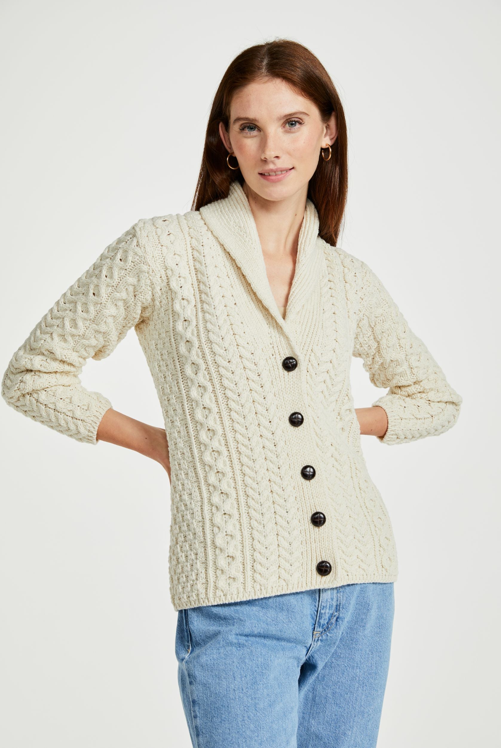 Tourmakeady Shawl Collar Aran Cardigan Cream