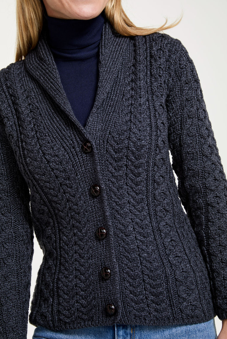 Tourmakeady Shawl Collar Aran Cardigan - Grey