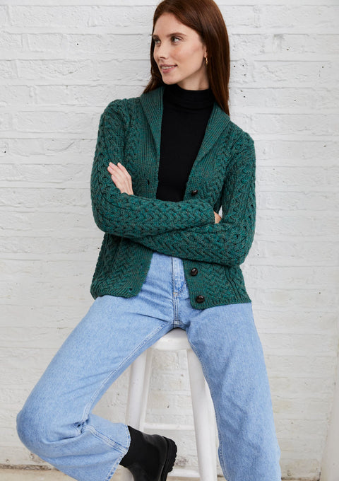 Ladies wool cardigan, merino wool, made in Ireland, knitwear, cable knit, V neck sweater, cardigan, aran wool, green