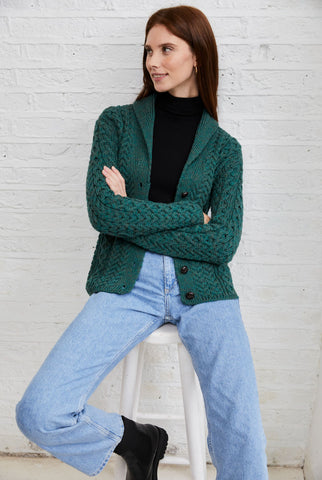 Ladies wool cardigan, merino wool, made in Ireland, knitwear, cable knit, V neck sweater, cardigan, aran wool, green