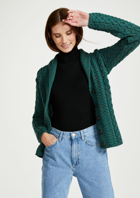 Ladies wool cardigan, merino wool, made in Ireland, knitwear, cable knit, V neck sweater, cardigan, aran wool, green