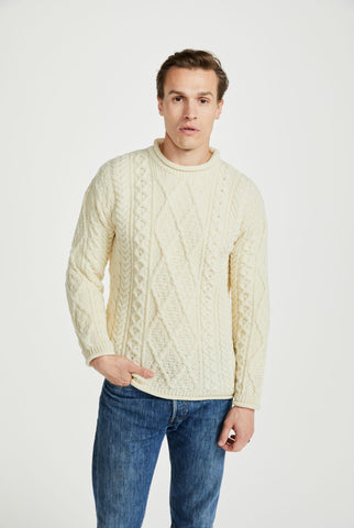 Letterfrack Mens Roll Neck Aran Crew - Cream