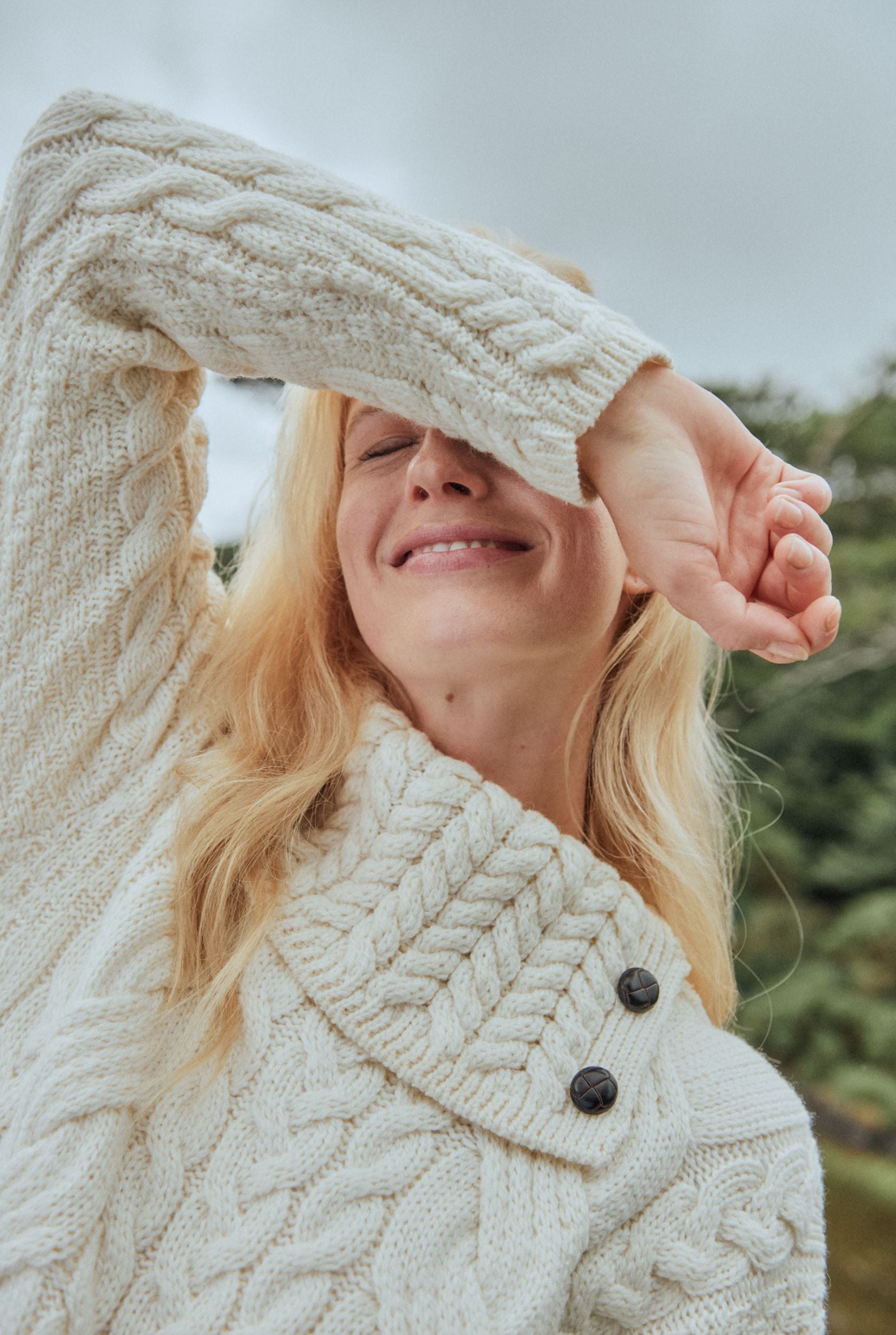 Maeve Aran Supersoft Merino Sweater with Button Collar Cream