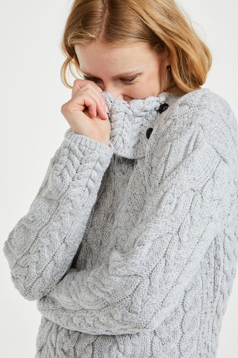 merino wool, grey sweater, aran sweater,knitwear,made in Ireland,ladies  jumper, wool jumper,cable knit,Pullover