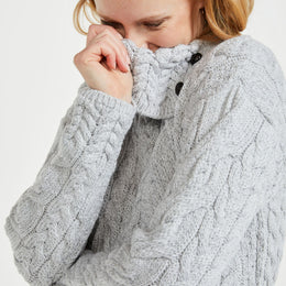 Maeve Aran Supersoft Merino Sweater with Button Collar - Feathered Grey