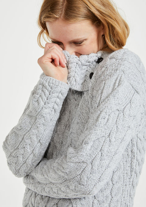 merino wool, grey sweater, aran sweater,knitwear,made in Ireland,ladies  jumper, wool jumper,cable knit,Pullover