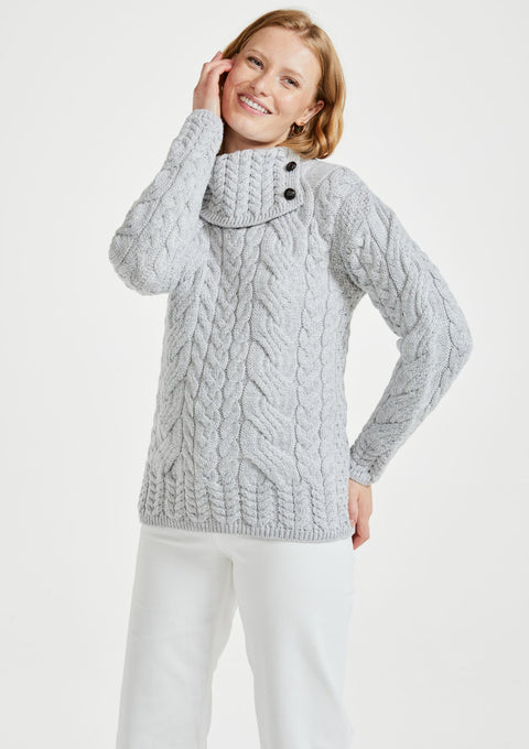 merino wool, grey sweater, aran sweater,knitwear,made in Ireland,ladies  jumper, wool jumper,cable knit,Pullover