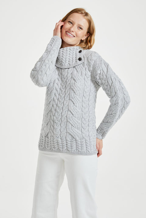 Maeve Aran Supersoft Sweater with Button Collar - Feathered Grey