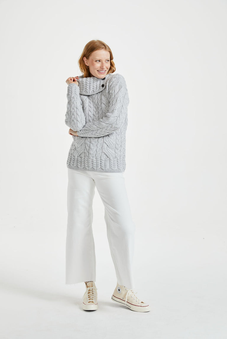Maeve Aran Supersoft Sweater with Button Collar - Feathered Grey