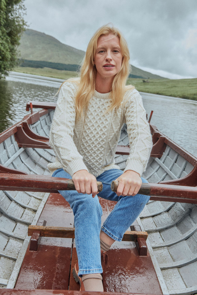 100% wool jumper, Aran Sweater, women's sweater, unisex, merino wool, cable knit, knitwear, made in Ireland, cream, ladies' sweater
