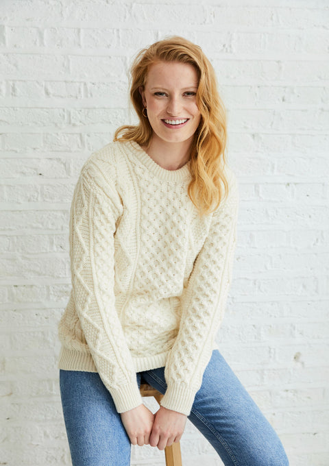 100% wool, jumper, Aran sweater, women's Sweater, unisex, merino wool, cable knit, knitwear, made in Ireland, crew neck