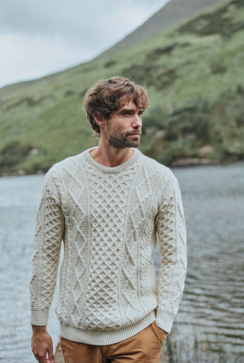 Men's Irish Traditional Aran Merino Wool Pullover Sweater (X-Small