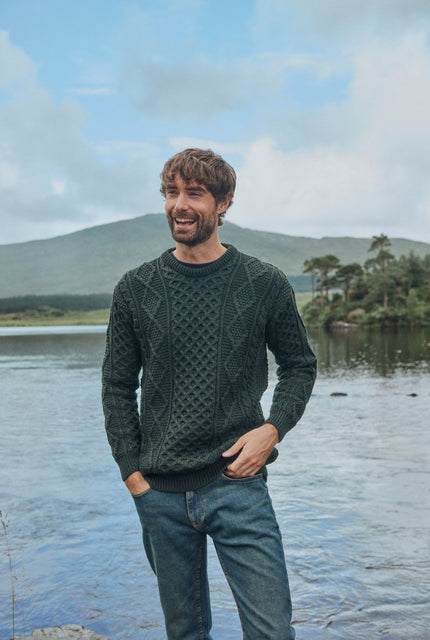 100% wool jumper, Aran Sweater, Men's Sweater, unisex, merino wool, cable knit, knitwear, made in Ireland, fisherman, green sweater
