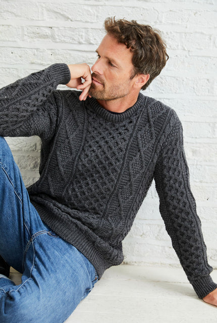 100% wool jumper, Aran Sweater, Men's Sweater, unisex, merino wool, cable knit, knitwear, made in Ireland, fisherman, grey sweater