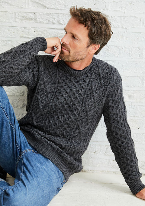 100% wool jumper, Aran Sweater, Men's Sweater, unisex, merino wool, cable knit, knitwear, made in Ireland, fisherman, grey sweater