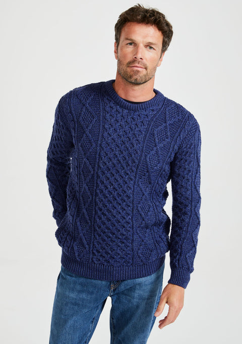 100% wool jumper, Aran Sweater, Men's Sweater, unisex, merino wool, cable knit, knitwear, made in Ireland, fisherman, navy sweater
