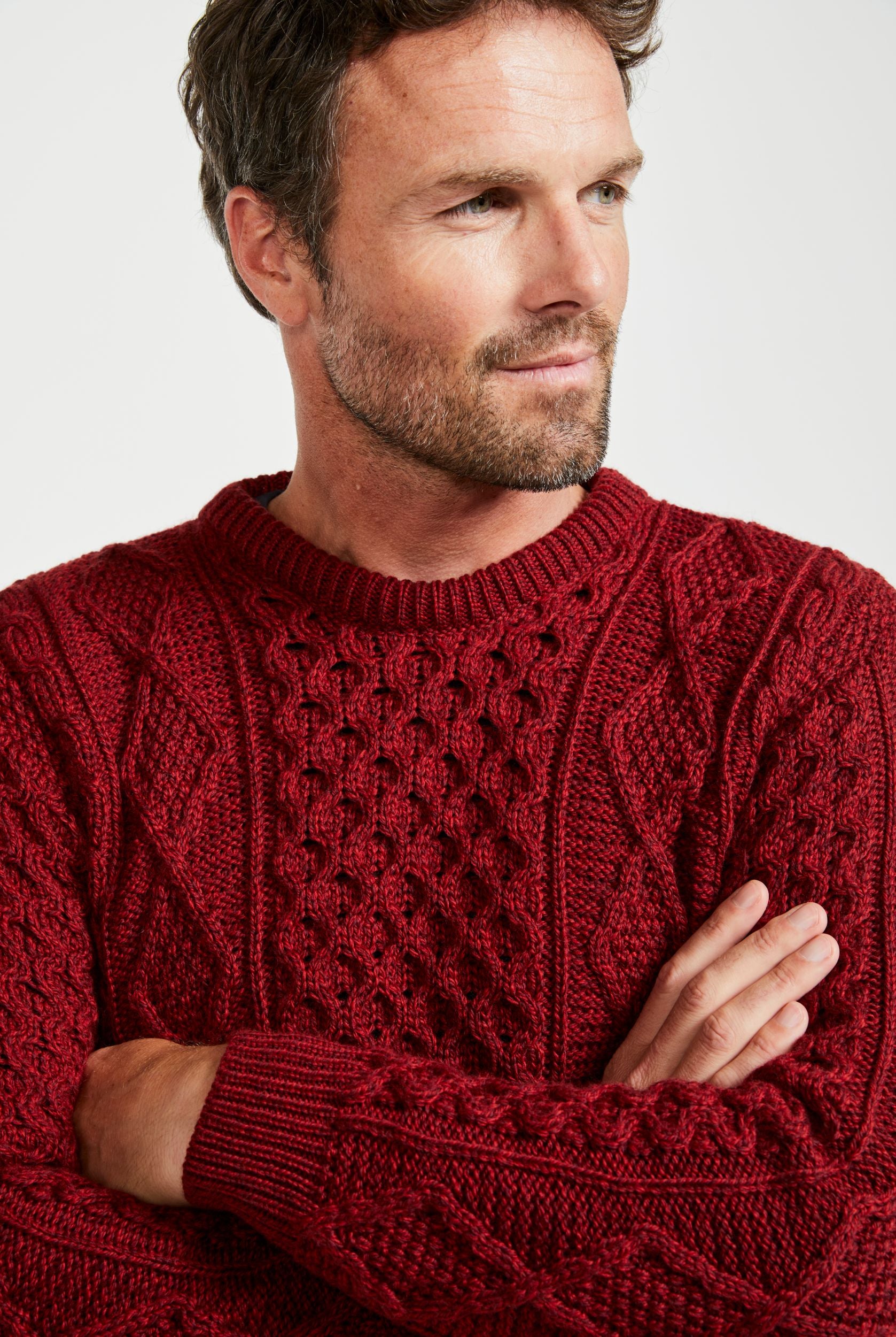 Red Aran sweater: handknit Aran jumper in XL size. Mens Aran