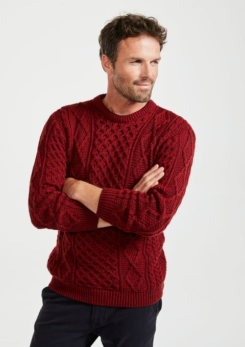 100% wool, jumper, Aran Sweater, Men's Sweater, unisex, merino wool, cable knit, knitwear, made in Ireland, red, crew neck