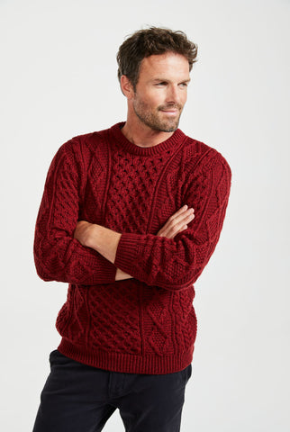 100% wool, jumper, Aran Sweater, Men's Sweater, unisex, merino wool, cable knit, knitwear, made in Ireland, red, crew neck