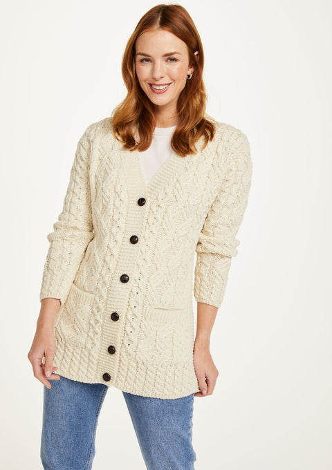 sweater, merino wool, woollen jumper, cardigan, buttoned cardigan, aran, knitwear, Ireland, women's cardigan, cable knit,cream cardigan