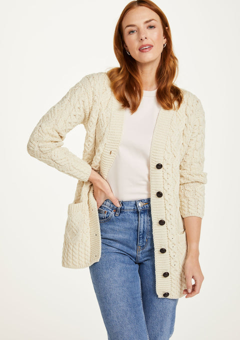 sweater, merino wool, woollen jumper, cardigan, buttoned cardigan, aran, knitwear, Ireland, women's cardigan, cable knit,cream cardigan