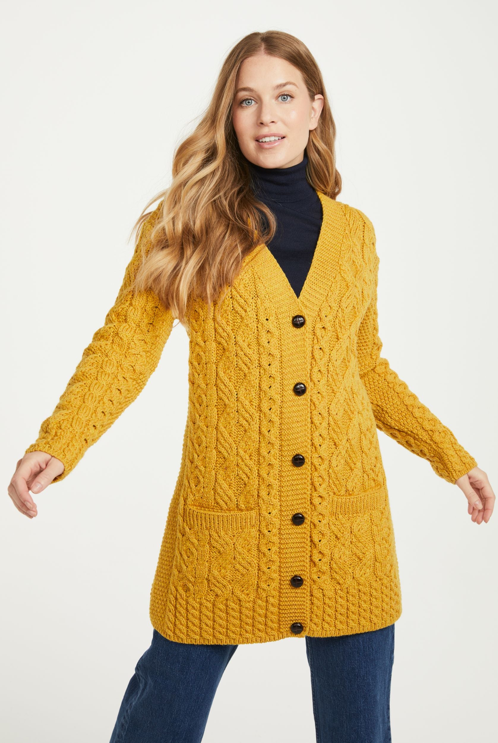 Glebe Aran Long Line Merino Cardigan Yellow1