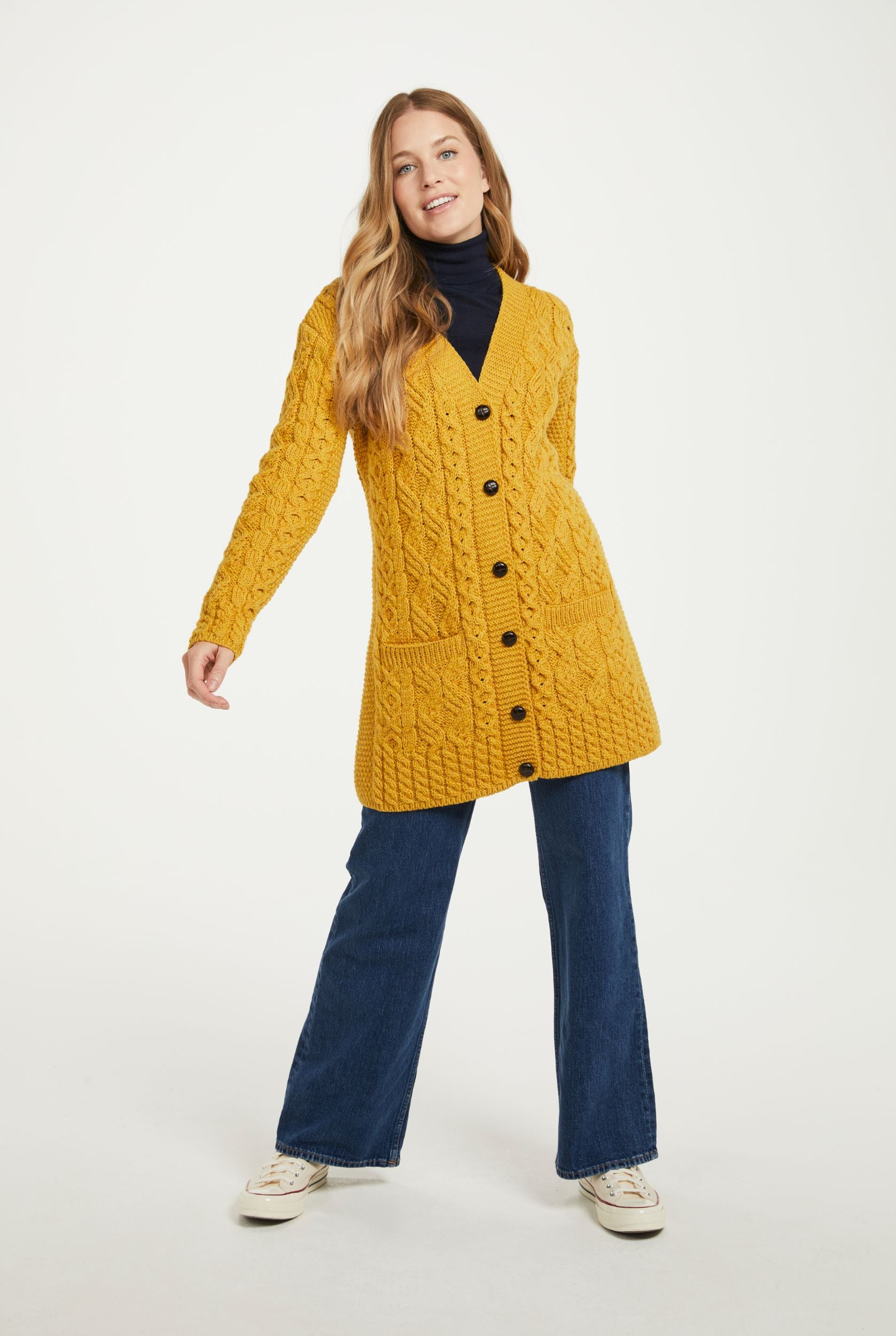Glebe Aran Long Line Merino Cardigan Yellow - Main Image