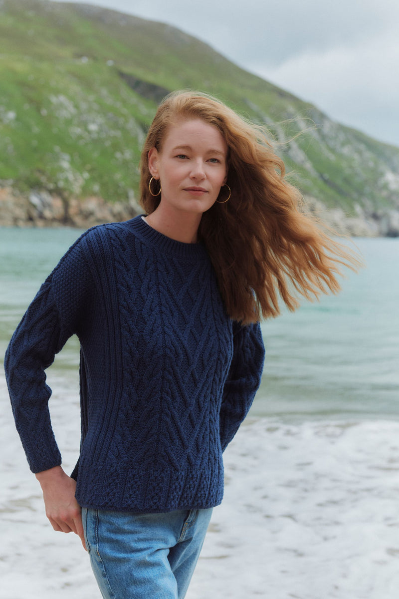 Tully Box Supersoft Merino Aran Sweater - Navy