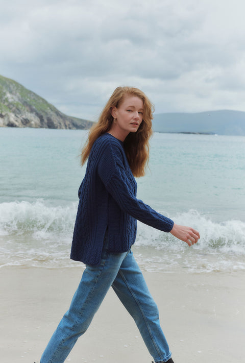 Tully Box Supersoft Merino Aran Sweater - Navy