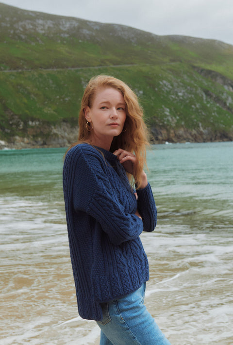 Tully Box Supersoft Merino Aran Sweater - Navy