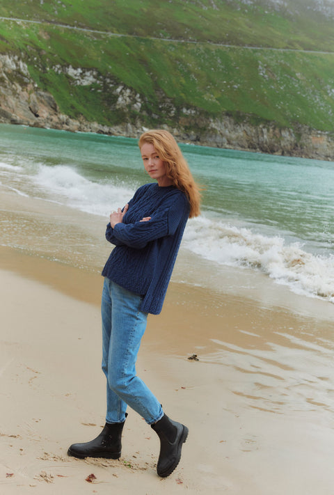 Tully Box Supersoft Merino Aran Sweater - Navy