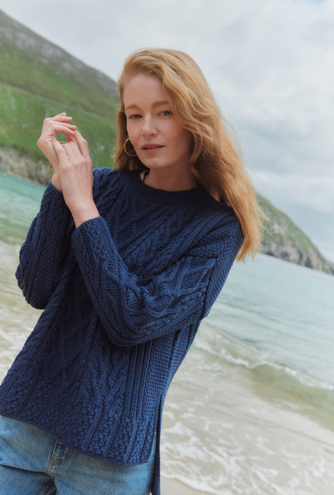 Tully Box Supersoft Merino Aran Sweater - Navy