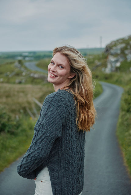 Merino wool sweater, jumper, made in Ireland, Crew neck, cable knit, knitwear.wool jumper,aran, grey, women's jumper