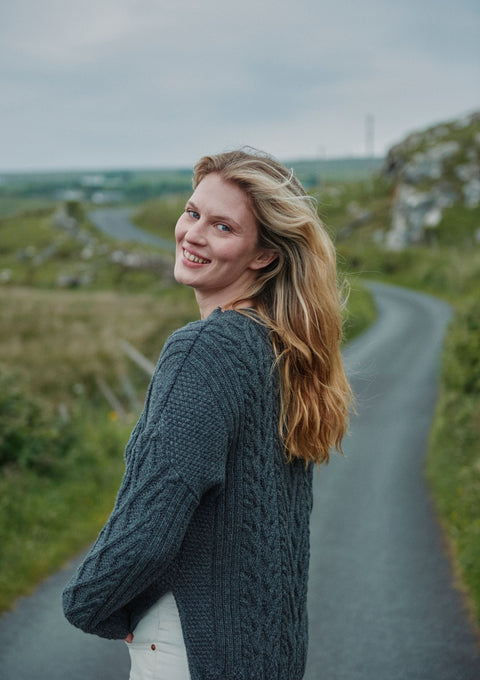 Merino wool sweater, jumper, made in Ireland, Crew neck, cable knit, knitwear.wool jumper,aran, grey, women's jumper