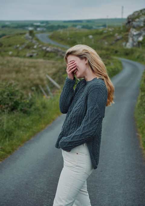 Merino wool sweater, jumper, made in Ireland, Crew neck, cable knit, knitwear.wool jumper,aran, grey, women's jumper
