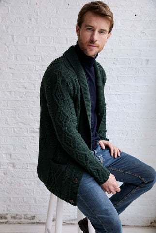 Killary Fjord Aran Cardigan - Forest Green