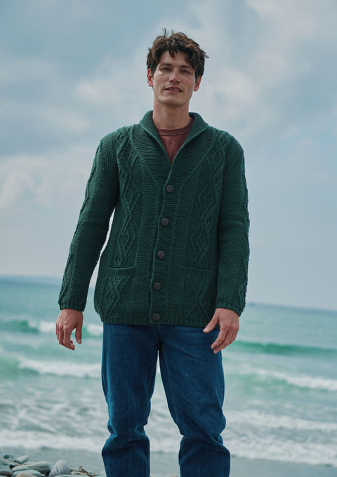Merino wool, cardigan, made in Ireland, wool jumper, knitwear, Green, sweater, Ireland,aran sweater, Buttoned cardigan