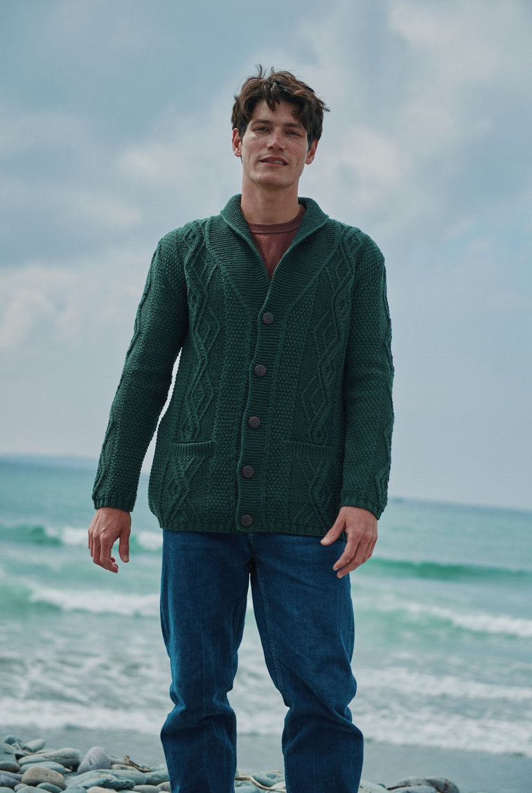 Killary Fjord Merino Aran Cardigan - Forest Green