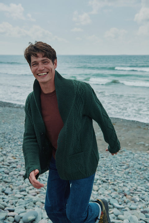 Killary Fjord Merino Aran Cardigan - Forest Green