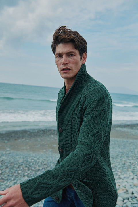Killary Fjord Merino Aran Cardigan - Forest Green