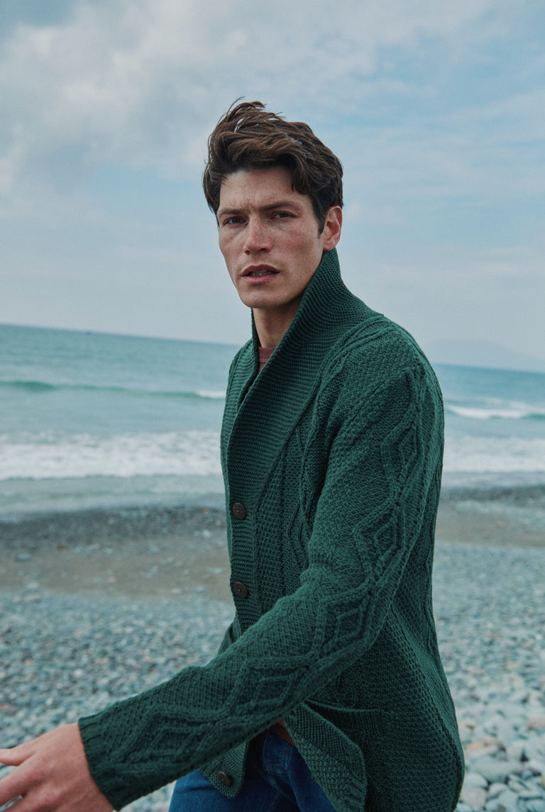 Killary Fjord Merino Aran Cardigan - Forest Green