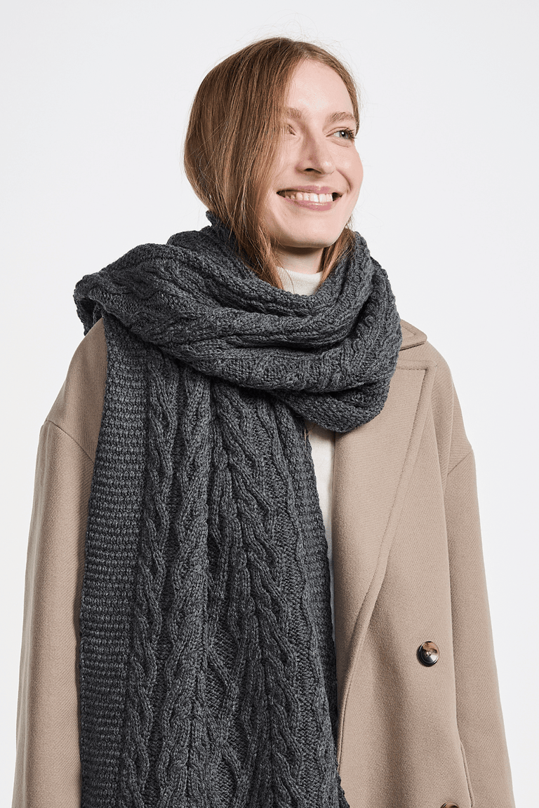 Leenane Supersoft Merino Aran Scarf - Grey