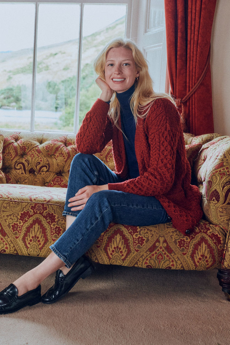Merino wool, ladies cardigan, knitwear, made in Ireland, wool, Ireland, boyfriend, Buttoned cardigan, aran, cable knit, red sweater