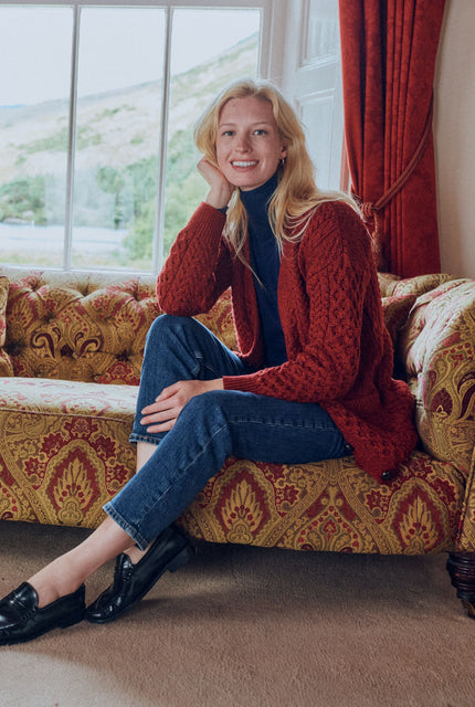 Merino wool, ladies cardigan, knitwear, made in Ireland, wool, Ireland, boyfriend, Buttoned cardigan, aran, cable knit, red sweater