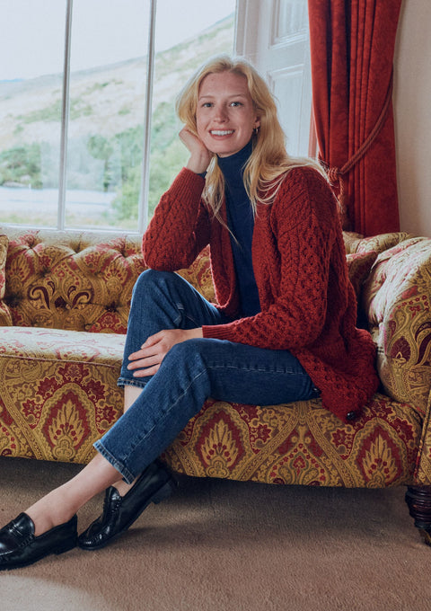 Merino wool, ladies cardigan, knitwear, made in Ireland, wool, Ireland, boyfriend, Buttoned cardigan, aran, cable knit, red sweater